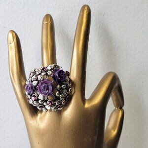 Vintage Purple Floral Filigree Ring Silver Tone with Crystals